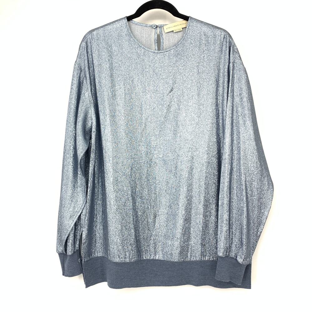 Stella McCartney Top Sz IT 44 US L Blue Silver Metallic Top Silk Blend Wool Trim